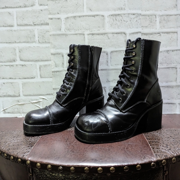 Frye Vintage Y2K Villager Boot Lace Up Zip Stitch 70's Chunky Heel Black Size 9 - Picture 6 of 15